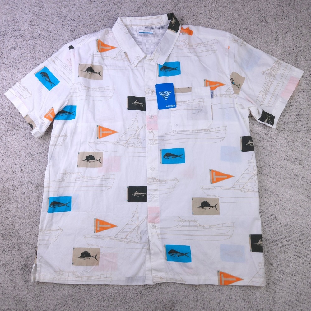 Columbia PFG Shirt Men XXL Short Sleeve Fishing Graphic Trollers Best White NWT